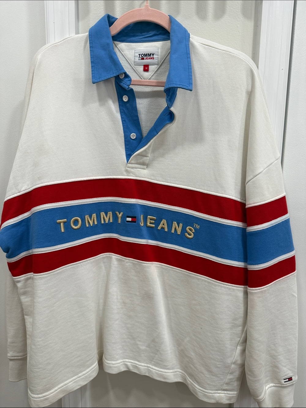 Tommy Hilfiger Cream Rugby Polo with Blue Collar and Red & Blue Chest Stripes - Picture 5 of 5